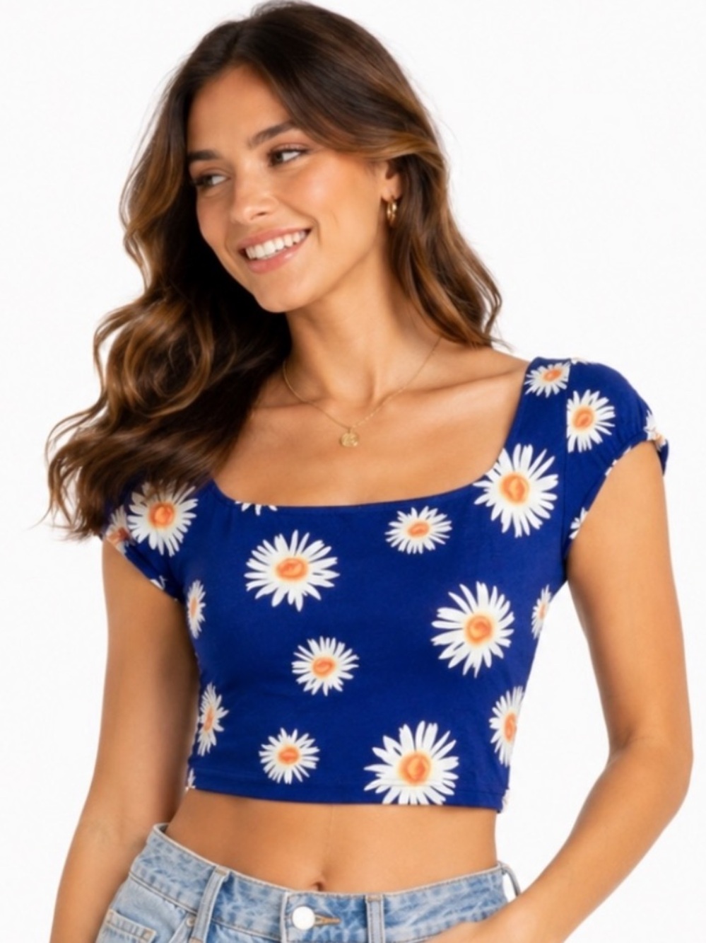 SHEIN Blue Daisy Print Crop Top Y2K Cottagecore Size S